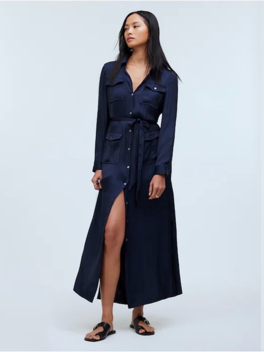 Madewell Navy Button-Front Long Shirt Dress with Belt